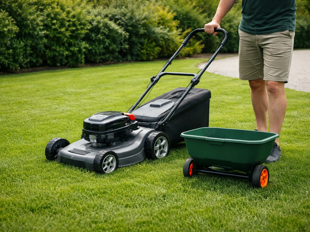 Tuinier maait kort gras, daarna wachten met een gesloten strooier in een rustige Nederlandse tuin