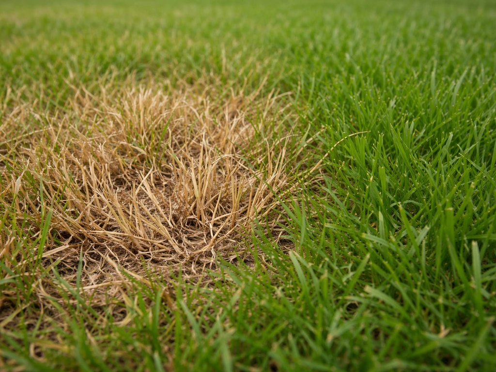 Close-up van vergeelde en verbrande graspolletjes naast gezond groen gras in een gazon.