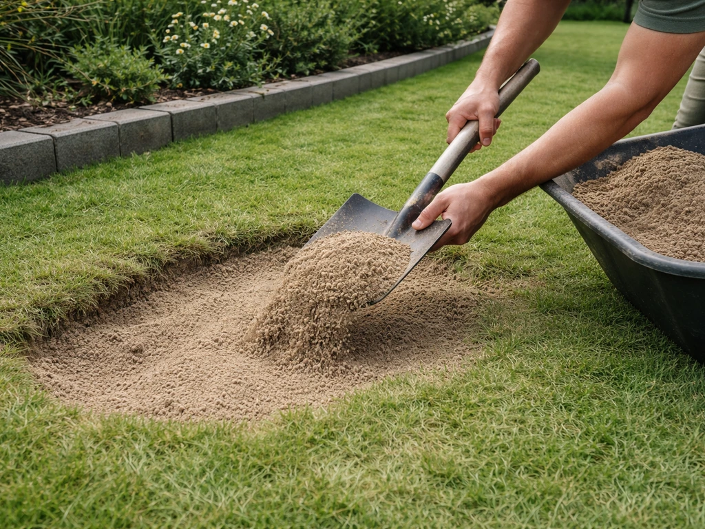 Tuinman brengt zand gelijkmatig aan in een gazonzachte kuil met een schep, randen als richtlijn
