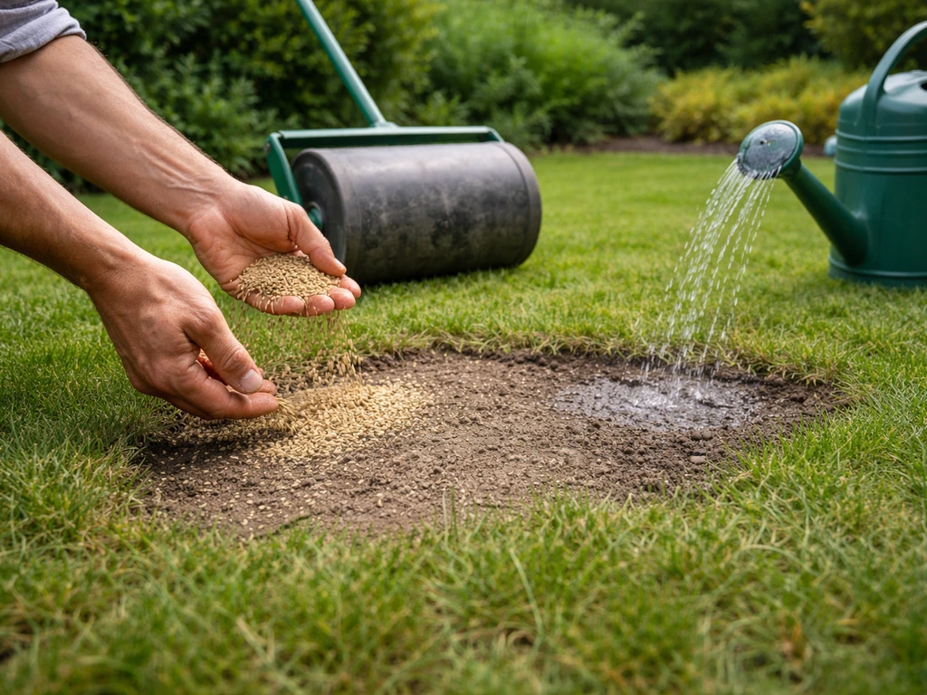 Tuinier strooit zaad over kale gazonplekken en rolt daarna licht de grond aan, met gieter water klaar.