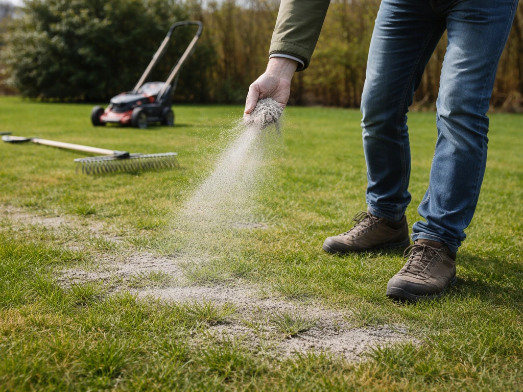 Iemand strooit houtas op een groen gazon in het vroege voorjaar, met voorbereiding van gazononderhoud op de achtergrond.