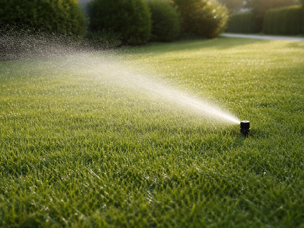 Vroege ochtend: een sproeier die gelijkmatig fijn water geeft op het gras, zonder plassen.