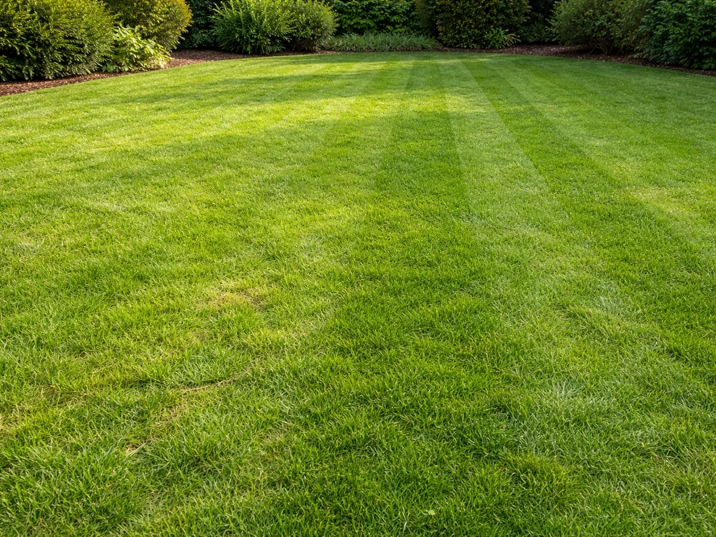 Nederlands gazon met mosvrij, fris groen gras en zichtbare nette herstelstroken in een tuin.