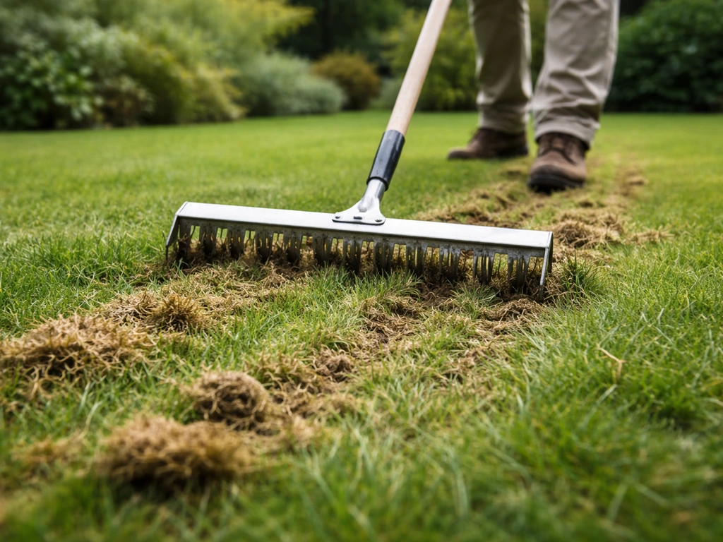 Verticuteermachine/verticuteerhark die vilt en mos los snijdt; gras wordt opengetrokken op een gazon.