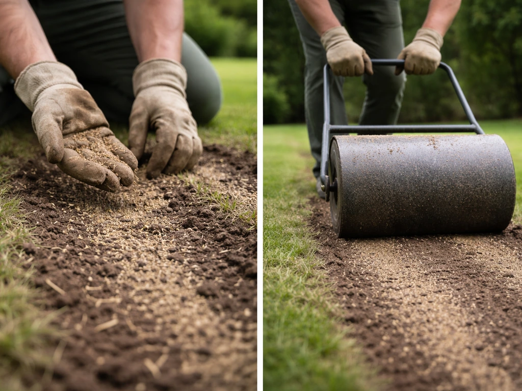 Opengewerkt gazon met vers graszaad dat gelijkmatig wordt ingewerkt en aangedrukt met een wals.
