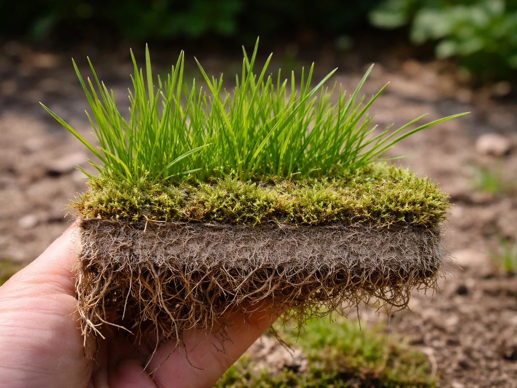 Close-up van een omhooggetrokken graspol met viltlaag onder het gras en mos bovenop, duidelijk zichtbaar.