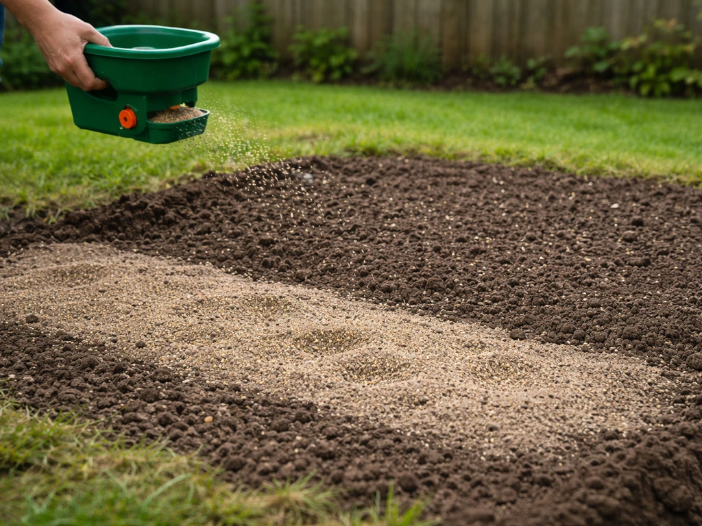 Buitentuin met klaar liggende grond, zaad verspreid met een handstrooier en lichte afdekking van het zaaibed.