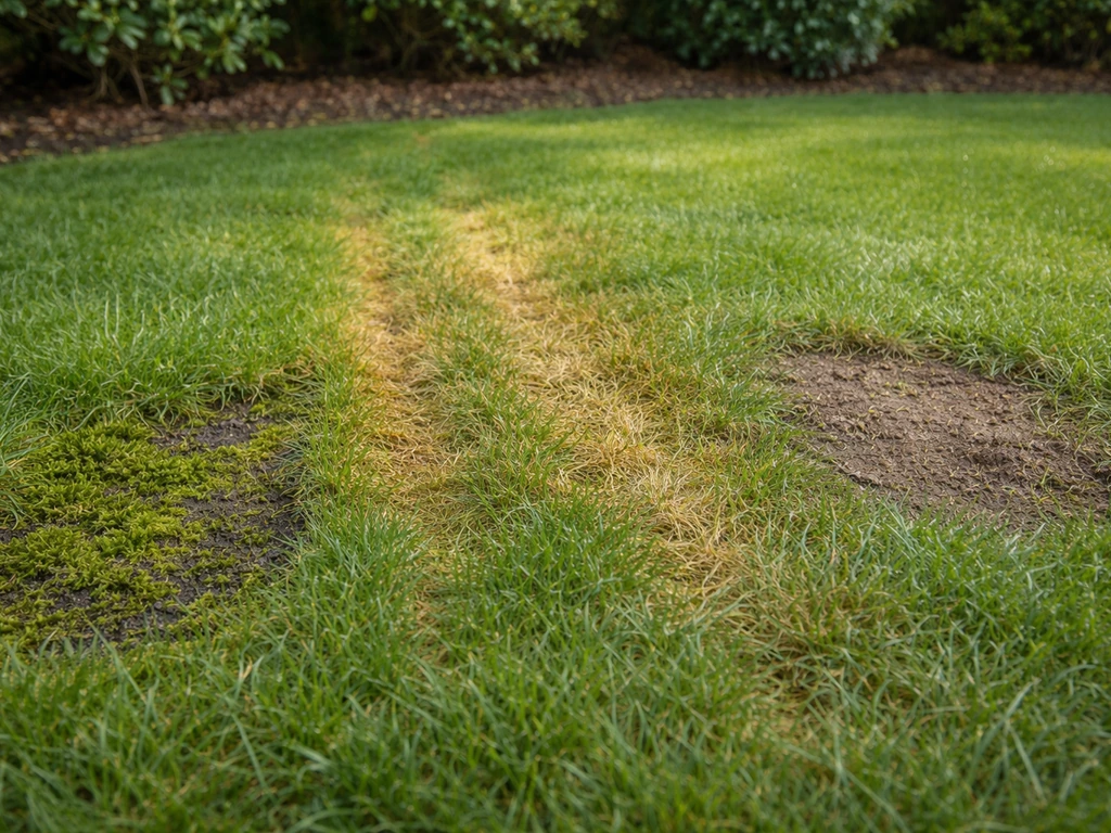 Tuin met mos in een verdicht hoekje, gele/bruinige mestplekken en een kale plek tussen het gras