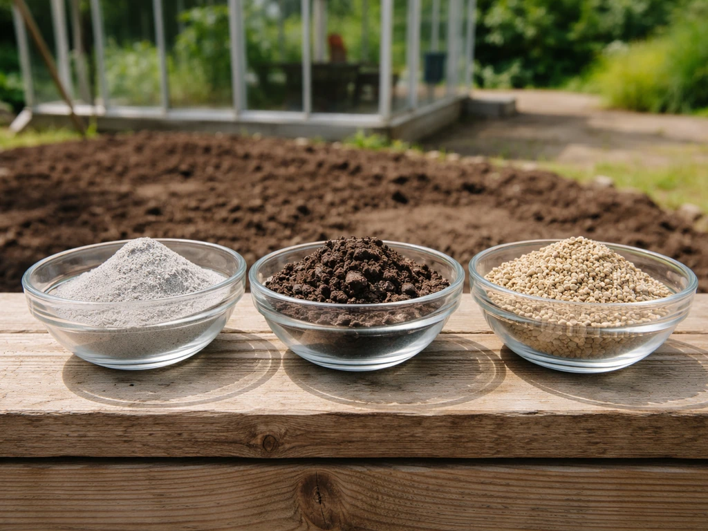 Drie losse bodemverbeteraars in bakjes op aarde, bedoeld om lavameel en alternatieven te vergelijken.