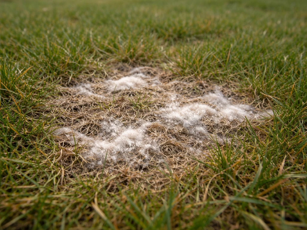 Close-up van grastuintje met lichtgrijze bruine vlekken en wit pluis van sneeuwschimmel