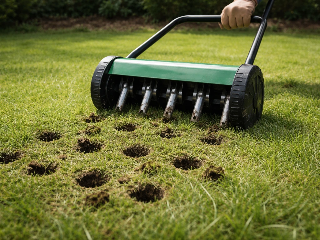 Holle pennen-beluchter die gaten in een nat gazon maakt, met zichtbare beluchtingsplekken en grasrestjes.
