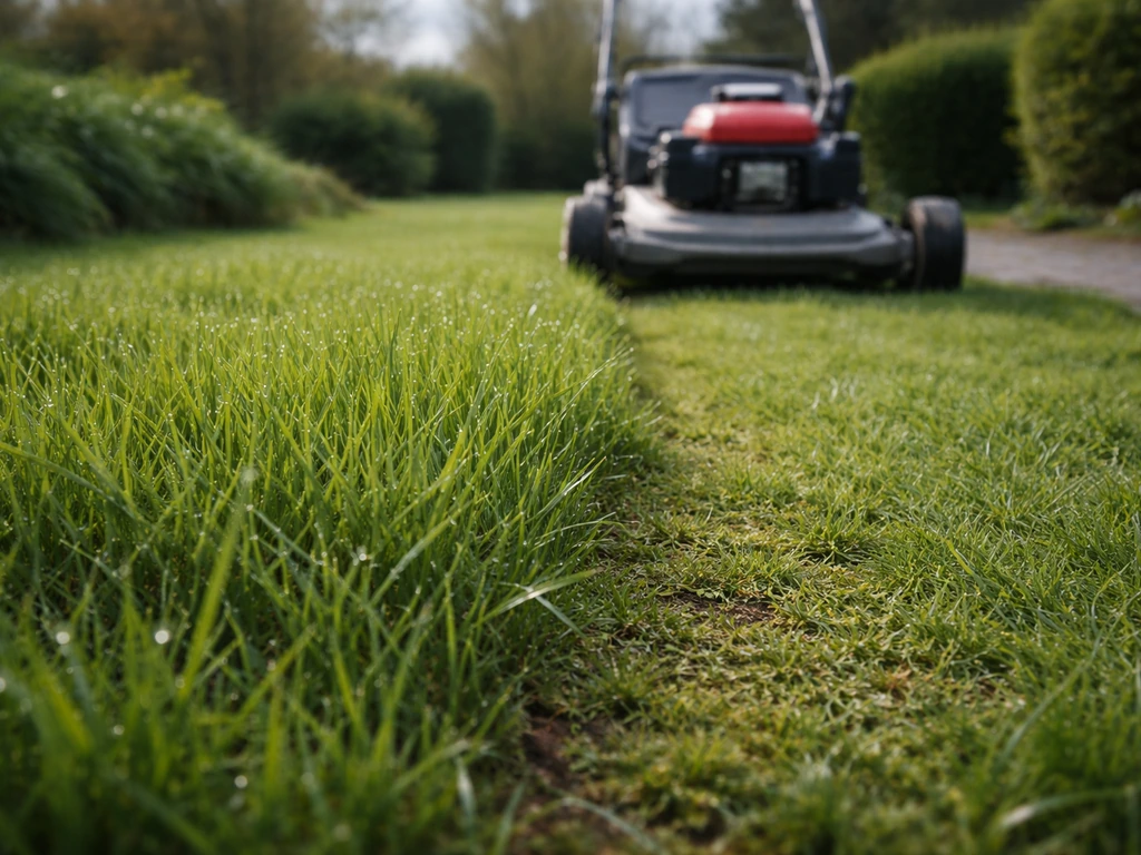 Groen gras dat na de winter uitloopt, net gemaaid met een grasmaaier in het vroege voorjaar.