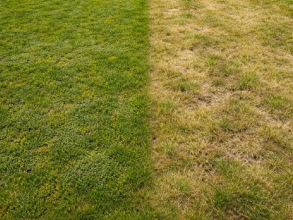 Gazondeel met mos en dichtgroei naast een ander deel met uitgedund gras door droogtestress.
