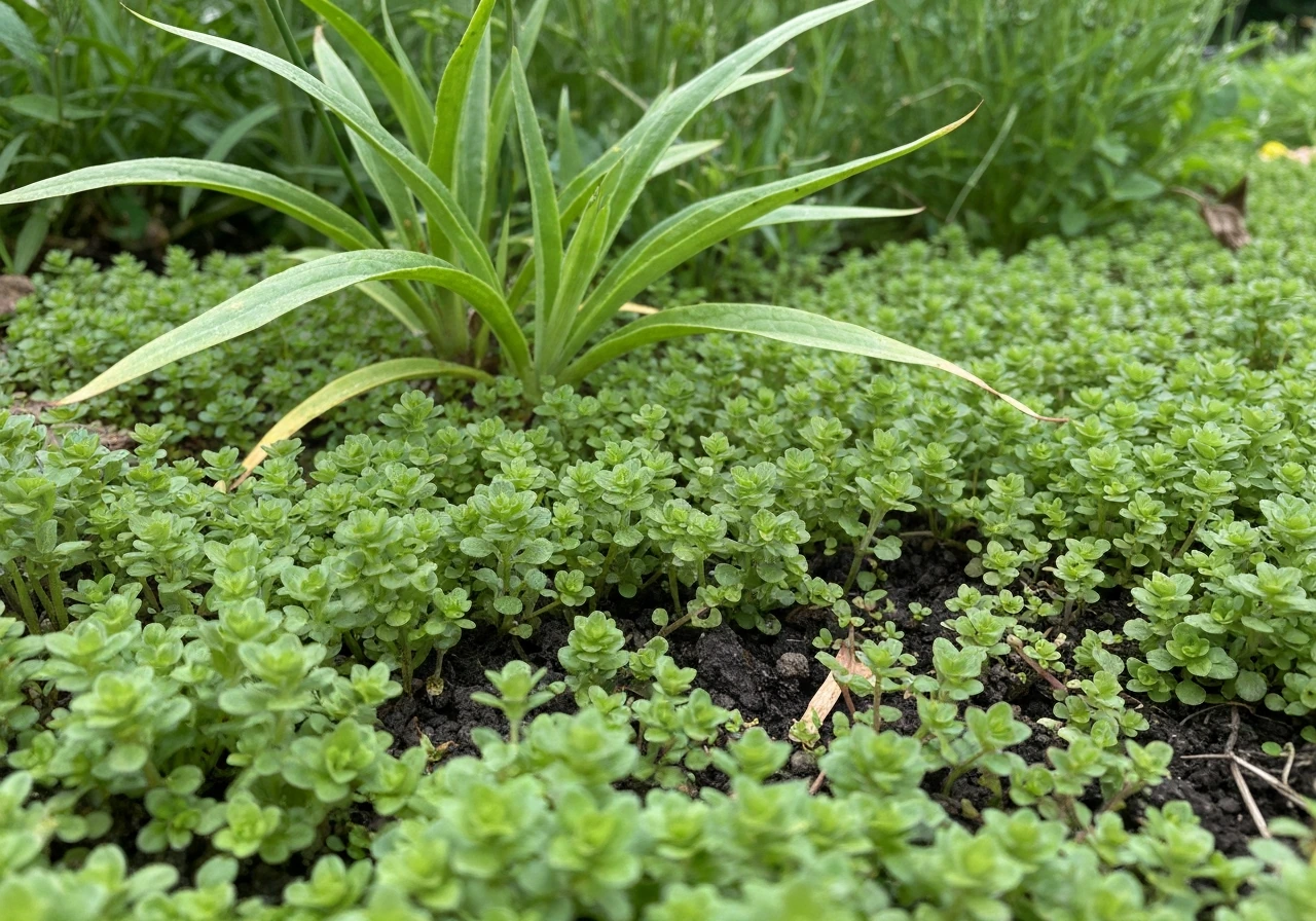 Close-up van bodembedekkende vaste planten die de grond bedekken en onkruid minder kans geven.