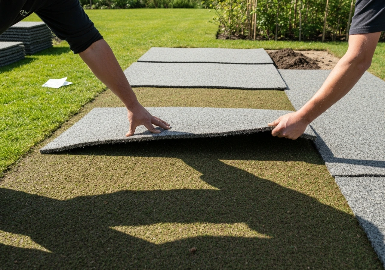 Handen rollen en leggen kant-en-klare plantenmatten uit op geëgaliseerde, onkruidvrije grond in de tuin.