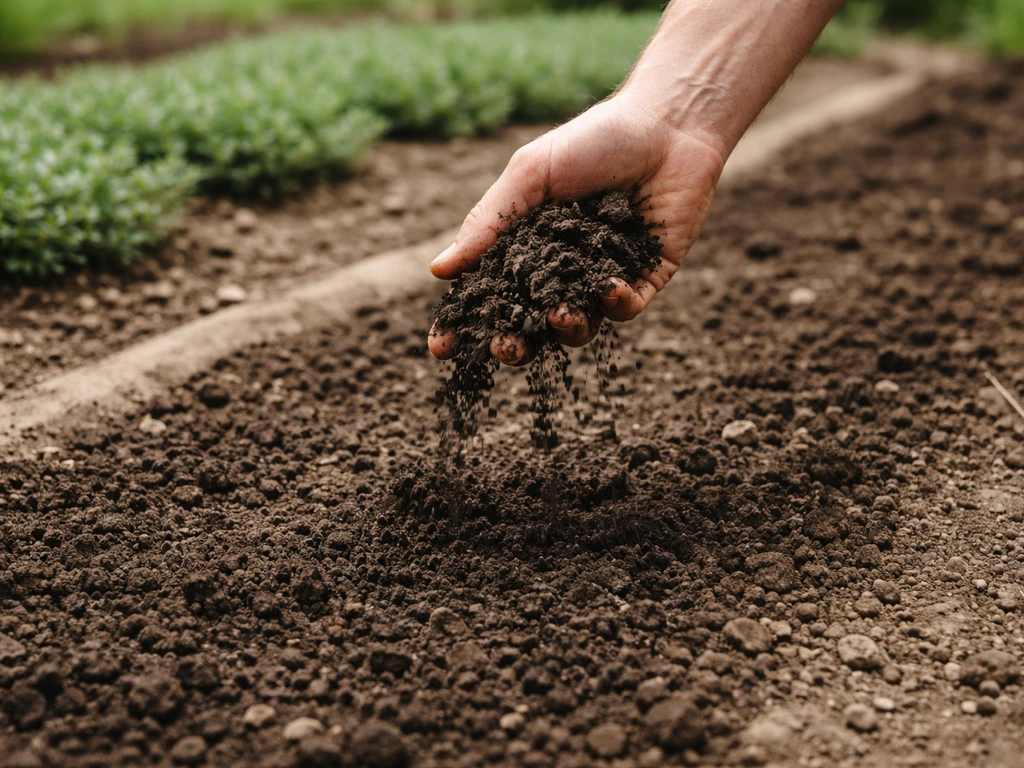 Hand schept compost en strooit op een voorbereide strook aarde tussen bodembedekkers, bodemstructuur zichtbaar.