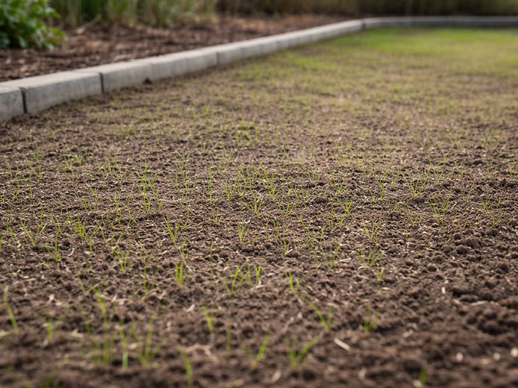 Tuinbed met net ingezaaid gazon en jonge spruiten in het voorjaar, met milde natuurlijke belichting.