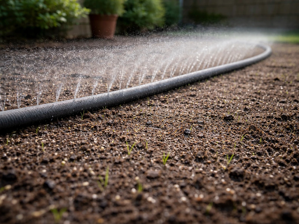 Tuin met licht vochtige toplaag terwijl een fijne sproeier het graszaad gelijkmatig besproeit