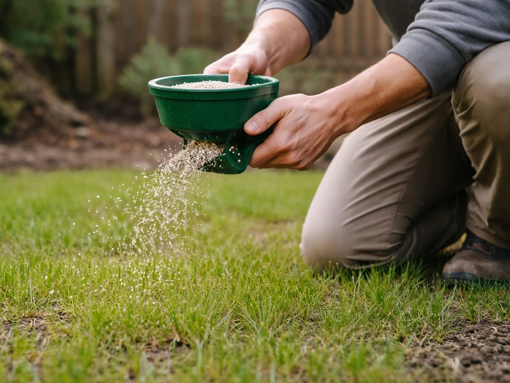 Hand strooit korrels over net groen groeiend gazon; verse voorjaarssprieten na de winter.