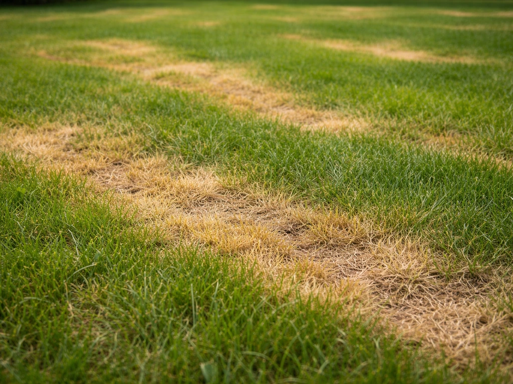 Geelbruine uitgedroogde strepen en plekken in een verder groen gazon, met duidelijk ‘verbrand’ gras als schadebeeld.