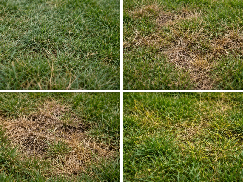 Vier close-ups van gras met duidelijke verschillen in kleur en structuur door verdord gras