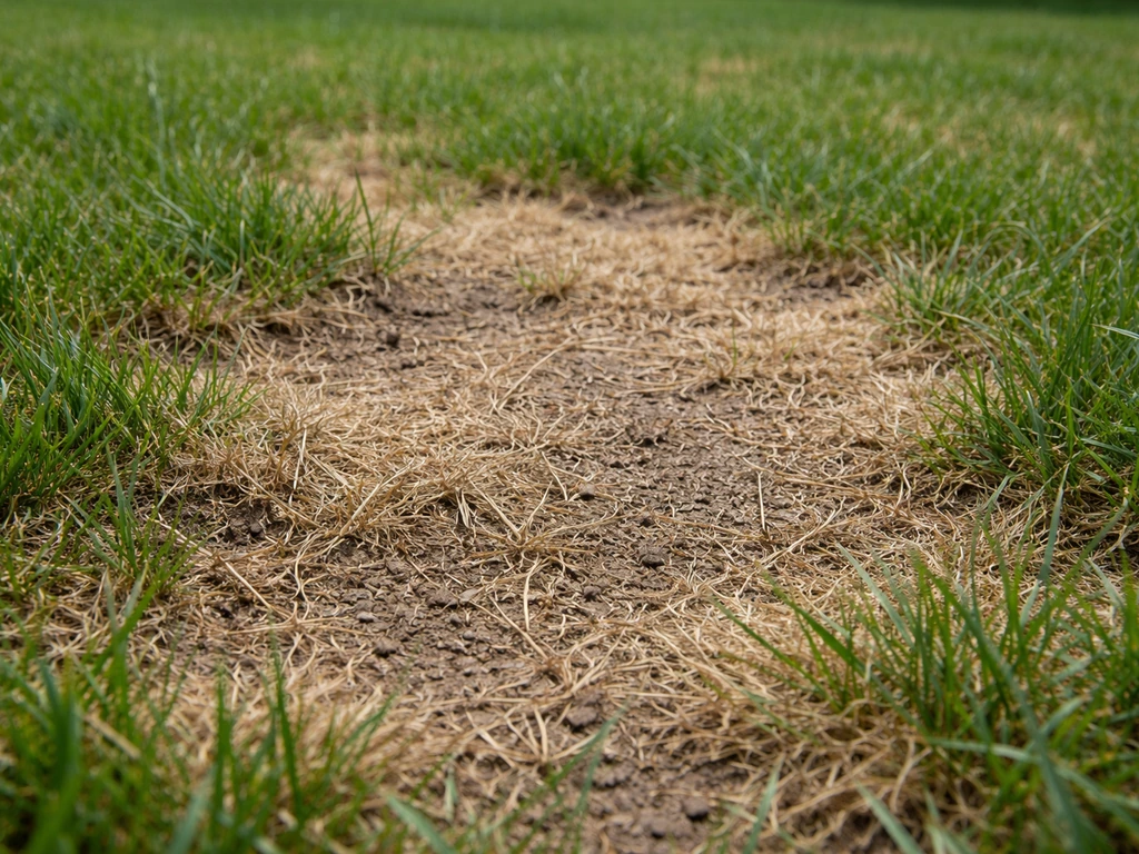 Verdord gazon met rommelige, rafelige bruine plekken van vorst of mechanische stress