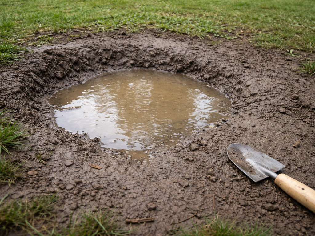 Natte kuil in de tuin waar water blijft staan door verdichte bodem en slechte drainage.