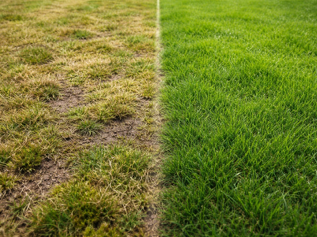 Links verdroogd geel gras en kale plekken, rechts gezond dicht herstellend groen gras in één gazonbeeld.