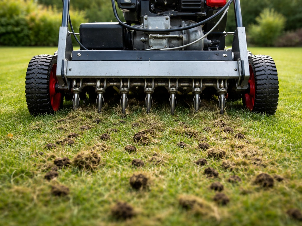 Verticuteermachine die vilt en aarde losmaakt in een gazon, met zichtbare beluchte gaten en bodemstructuur.