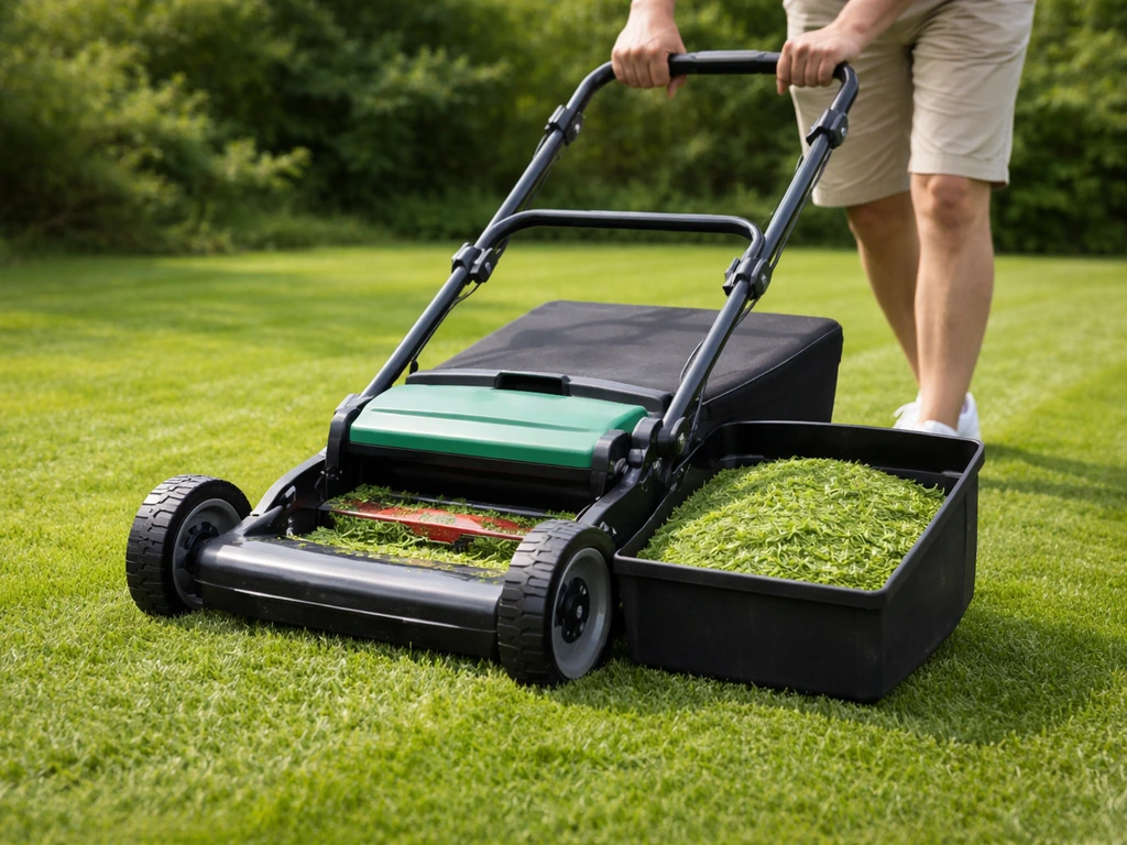 Maaien van een gazon tot 3–4 cm, met direct opgevangen gemaaid gras in de opvangbak.