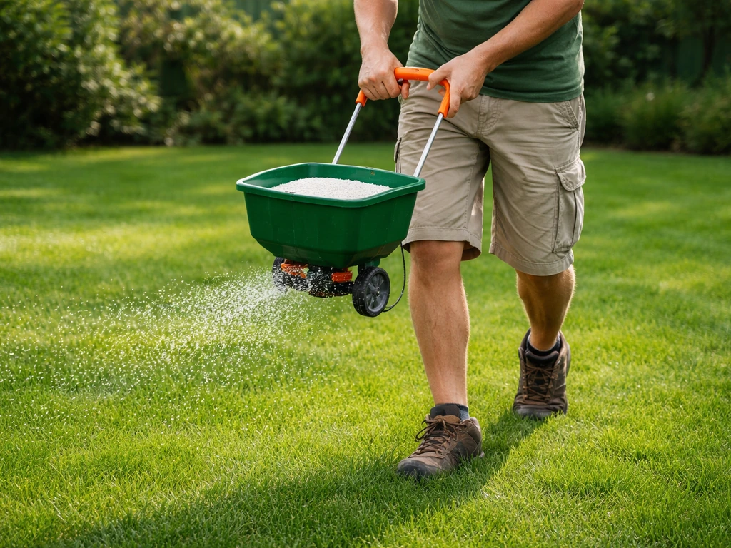 Groen, doorlucht gazon met een strooier die gelijkmatig gazonmest uitbrengt