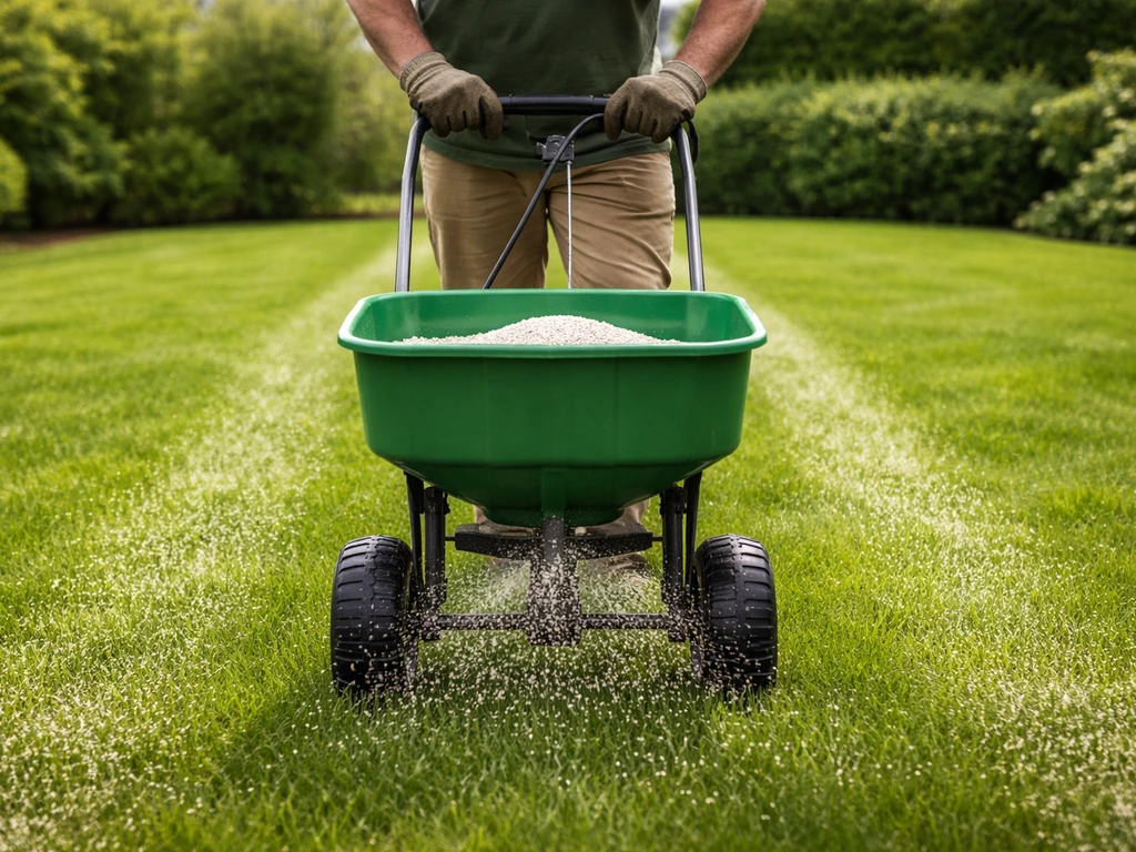 Tuinier met strooier die gelijkmatig korrels over het gazon uitwerpt in het voorjaar