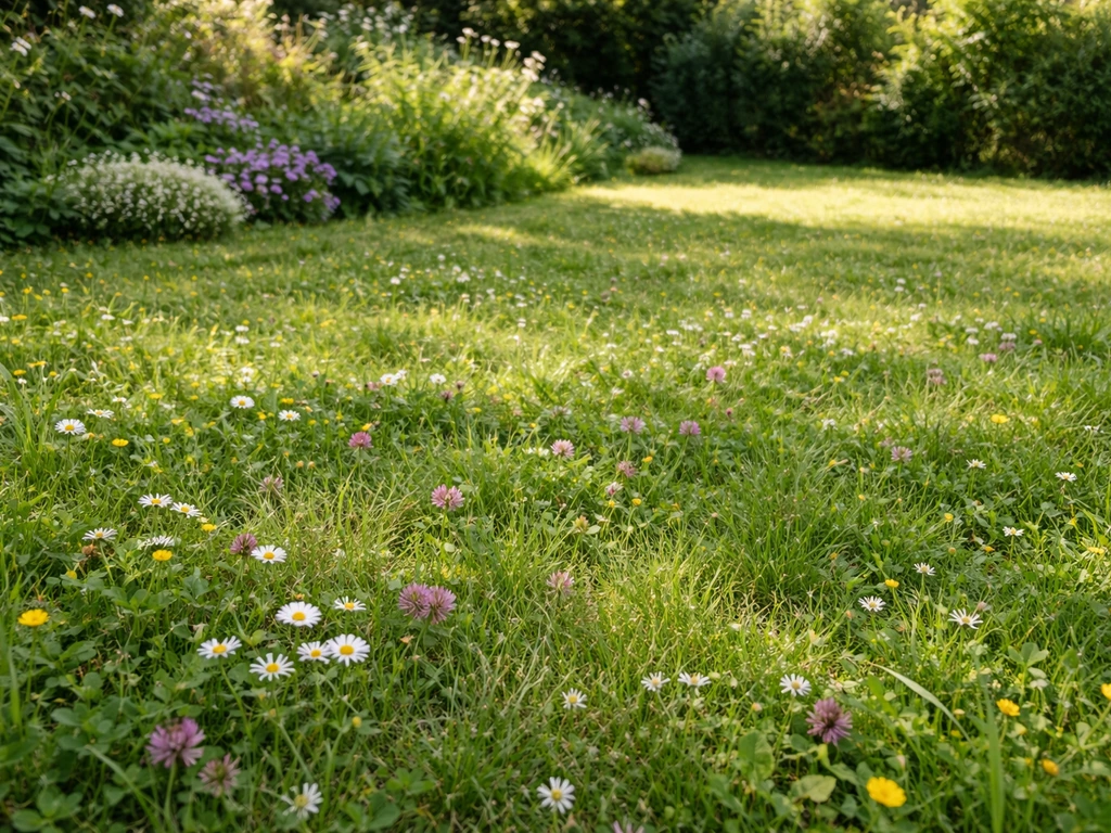 Kruidenrijk, bloemrijk ecologisch alternatief gazon in een Nederlandse tuin met natuurlijke variatie en rustige uitstral