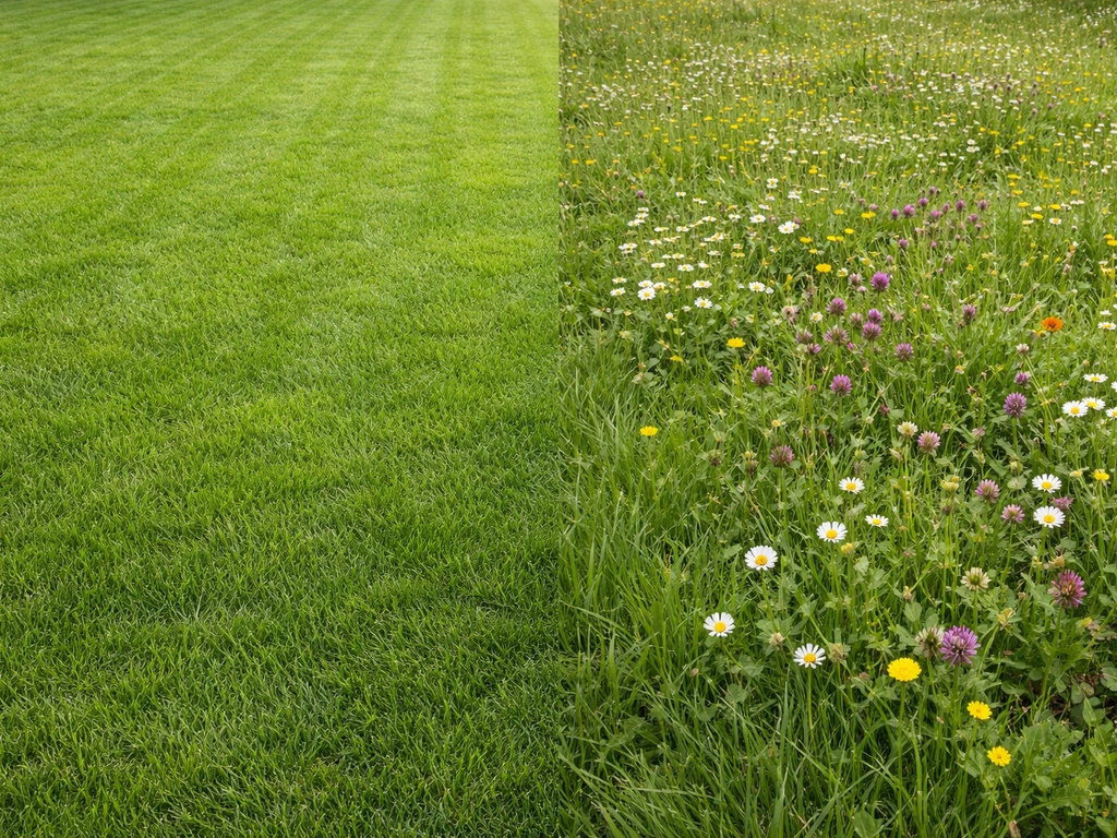 Vergelijking van links strak, uniform gemaaid gazon en rechts kruiden-/bloemenrijk gazon met meer variatie.