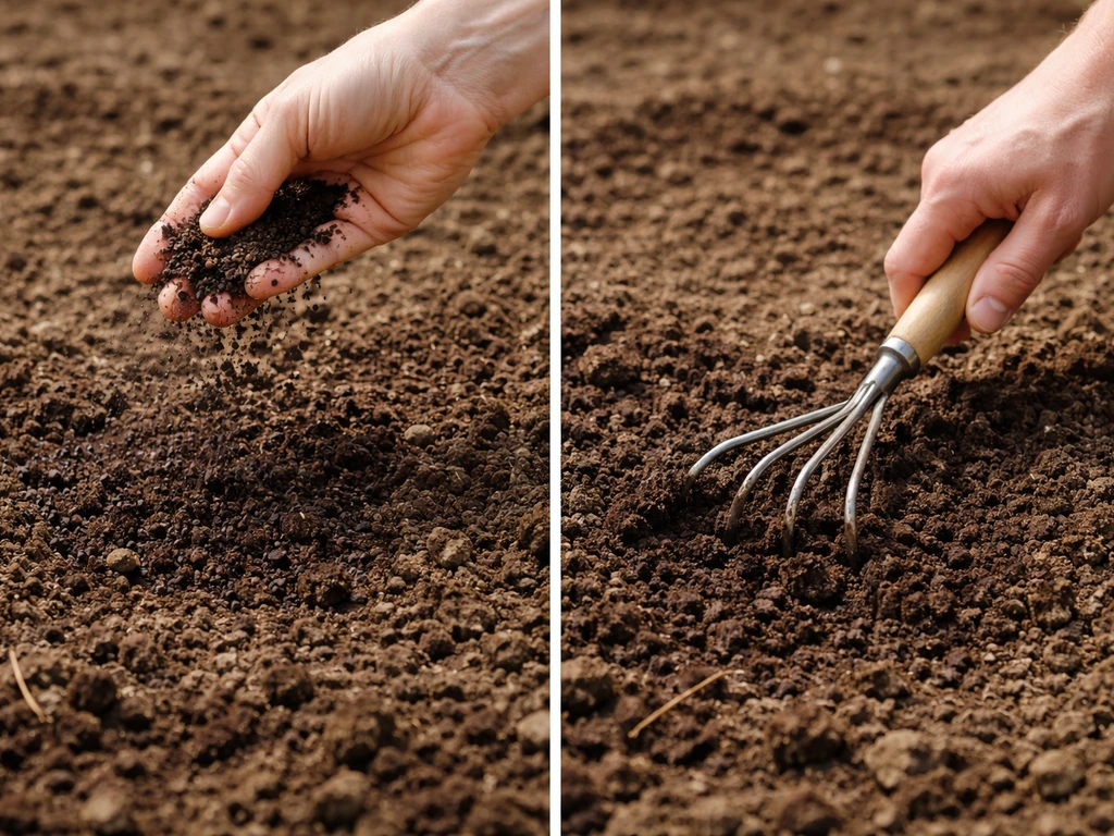 Close-up van donkere bodem met compostkorrels die worden ingewerkt met een handharkje