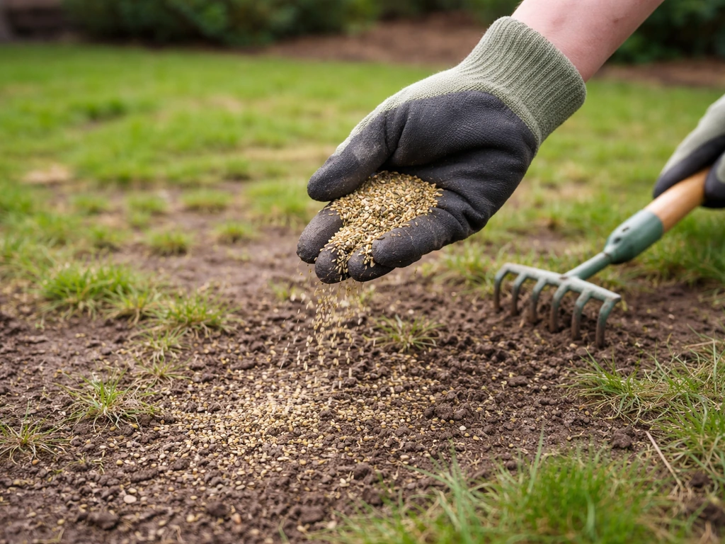 Hand met handschoenen die zaad van ecologisch gazon uitstrooit op kale tuinbodem, met zichtbare zaai-strepen dichtbij.