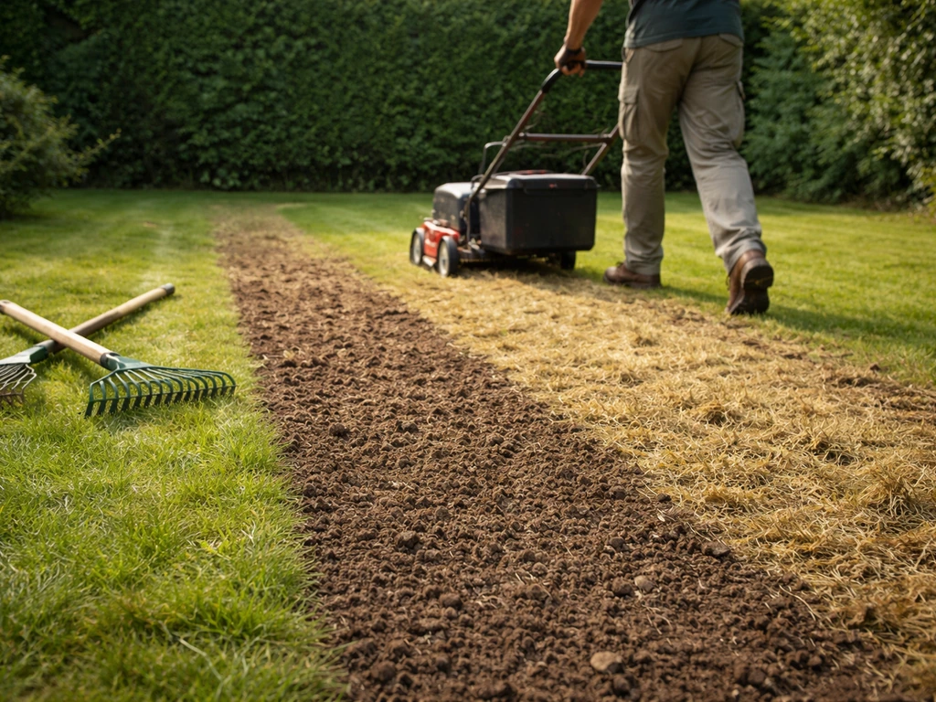 Tuinman verticuteert en belucht een grasmat; opengewerkte bodem met vilt/mos zichtbaar en zaadbed in de voorgrond.