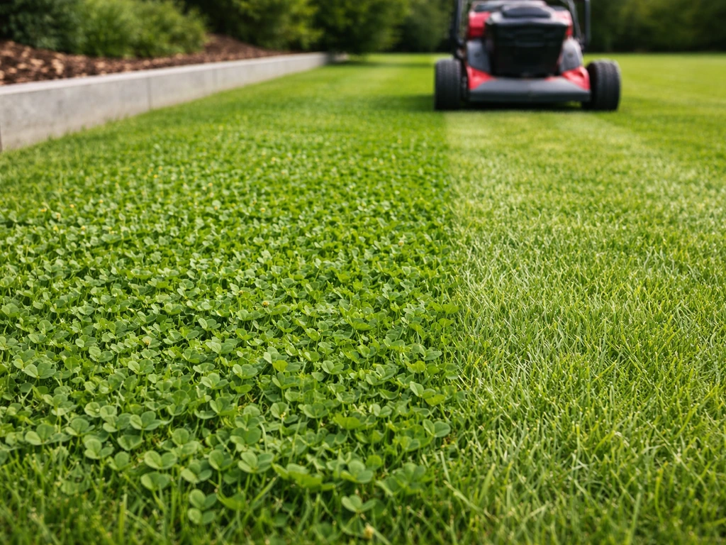 Maaimachine die een gazon maait met zichtbare microklaver in het gras, bij maaispoor op juiste hoogte.