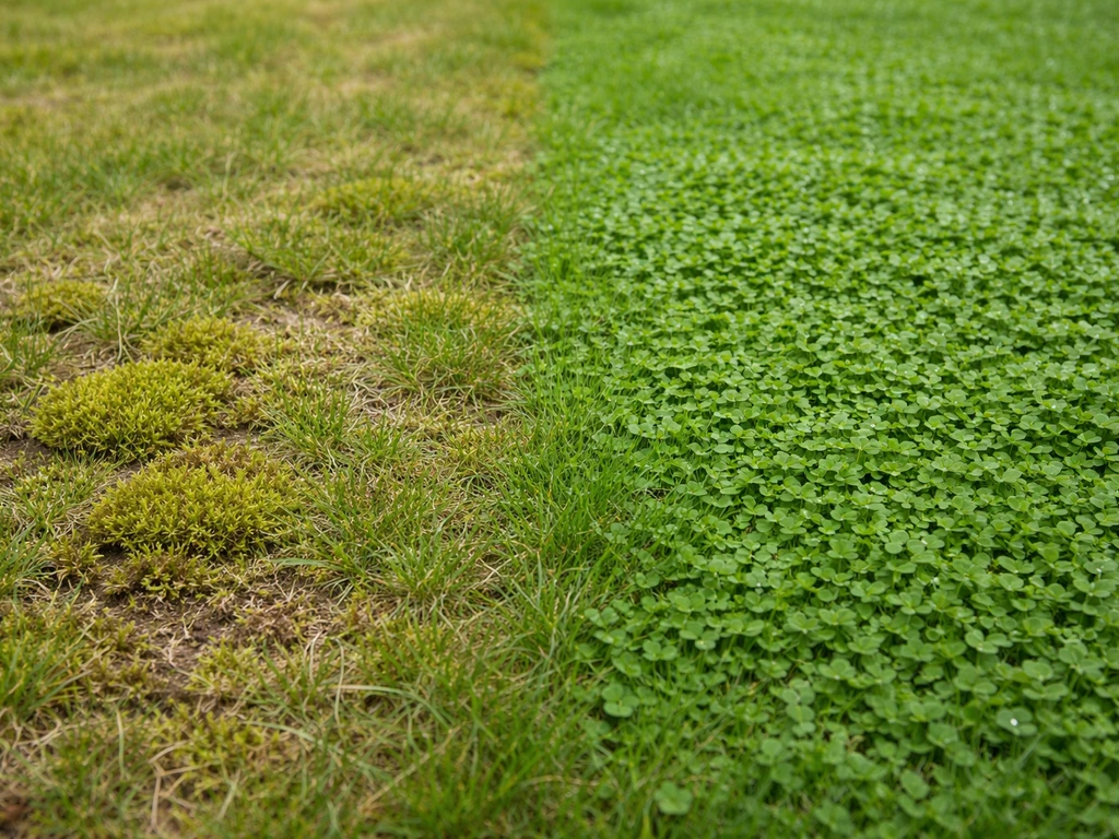 Twee delen gazon: open plek met mos tegenover dichte, gezonde microklaver/klaverachtige graszone