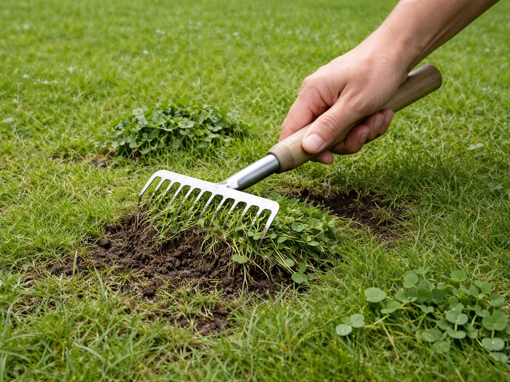 Hand met grashark trekt klaver uit het gazon; kleine kale plekken en losse plantjes zichtbaar.