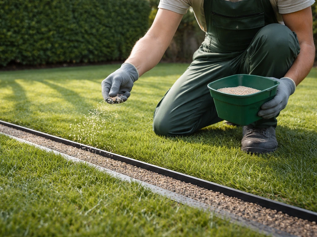 Tuinexpert die met een handstrooier gazonkorrels uitstrooit langs een maatvaste strook gras