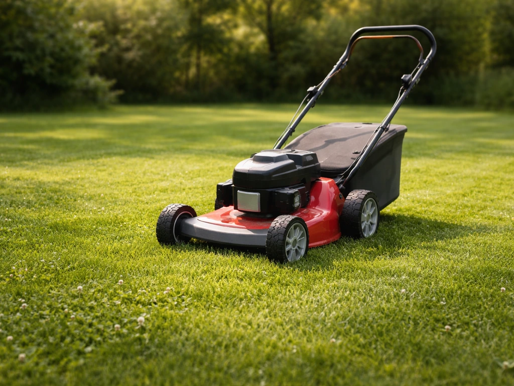 Gazonmaaier op een juist gemaaide tuin: gras op 4–6 cm met subtiele klaver die zichtbaar blijft.