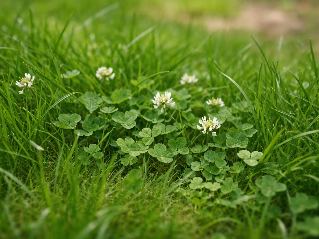 Close-up van microklaver tussen fris gras, met duidelijk zichtbare blad- en bloempjesstructuur.