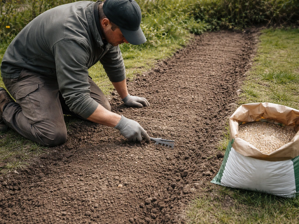 Tuinier egaliseert en werkt zaaimengsel licht in de grond voor microklaver in een rustige tuinbed.