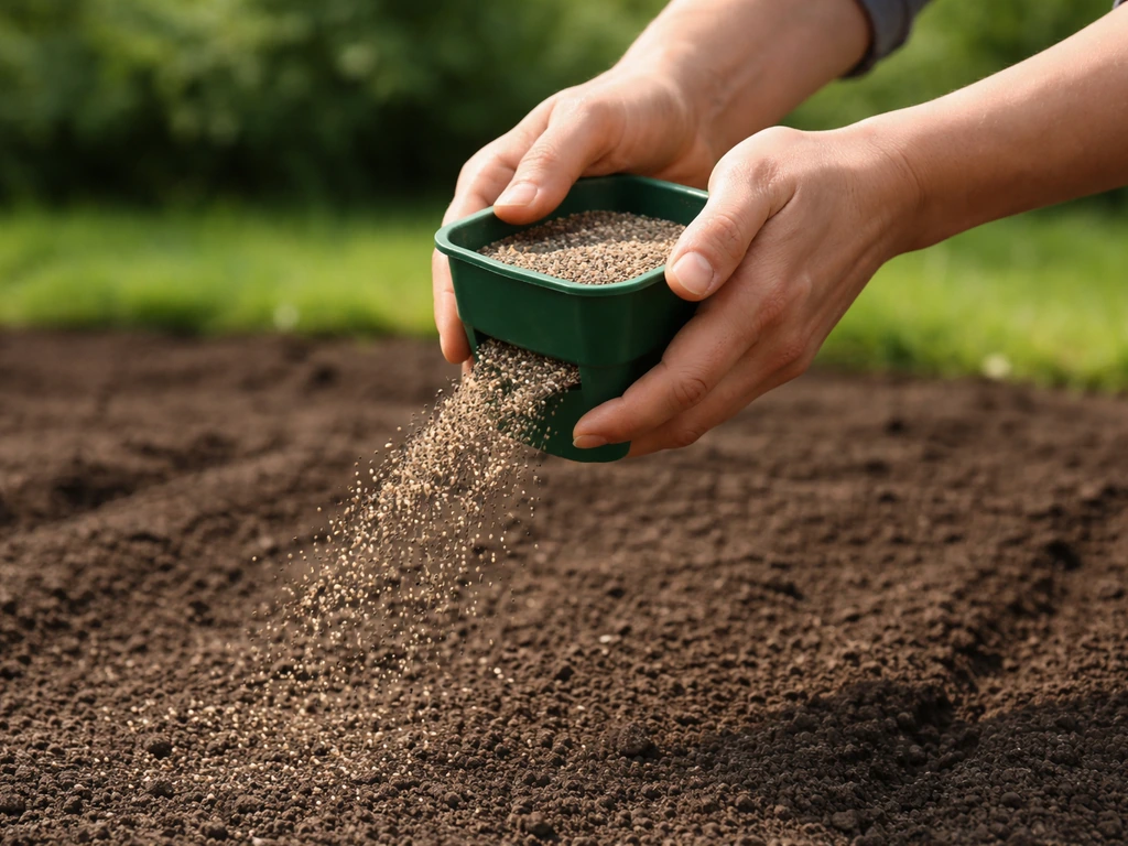 Hand strooit microklaverzaad uit met een handstrooier op een egaan stuk aarde in natuurlijk daglicht
