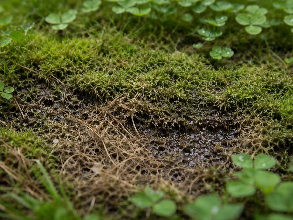 Close-up van mos en vilt op een microklaver gazon met herkenbare textuur en vochtige plekken.