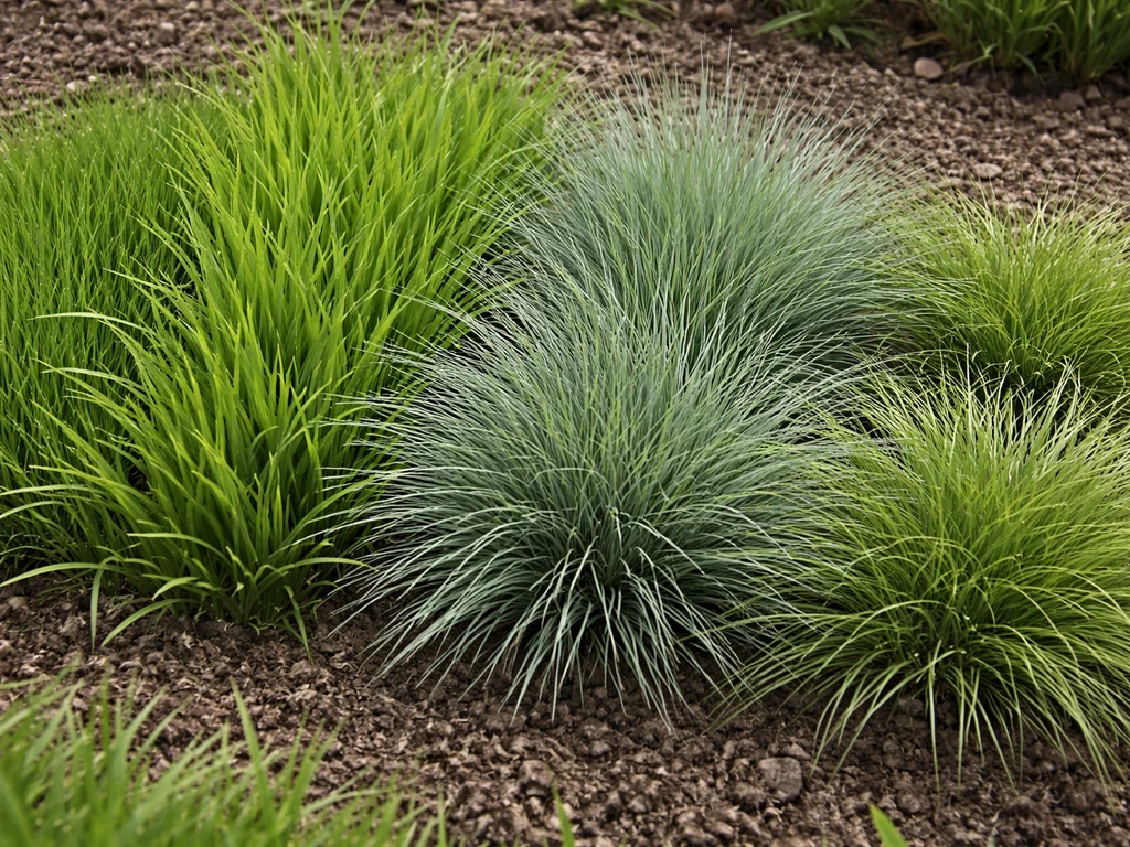 Close-up van vier grasstroken met zichtbare verschillen in blad en polvorm.