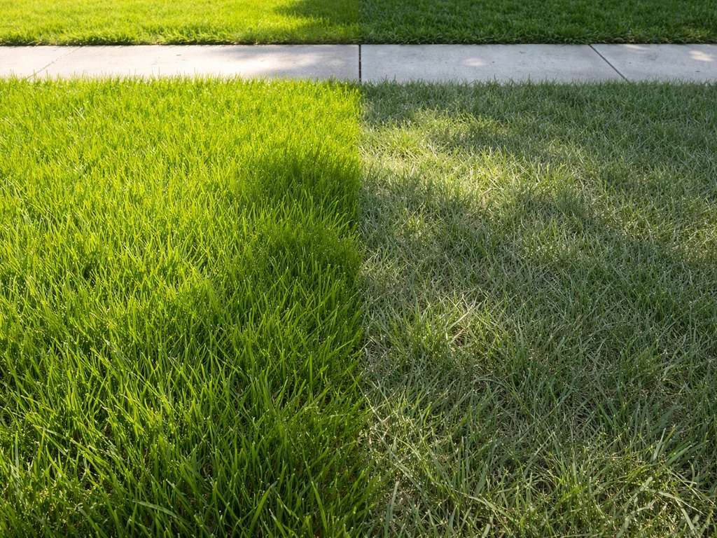 Zon- en schaduwkant van één gazonstrook: dichter groen in zon naast dunner gras in schaduw.