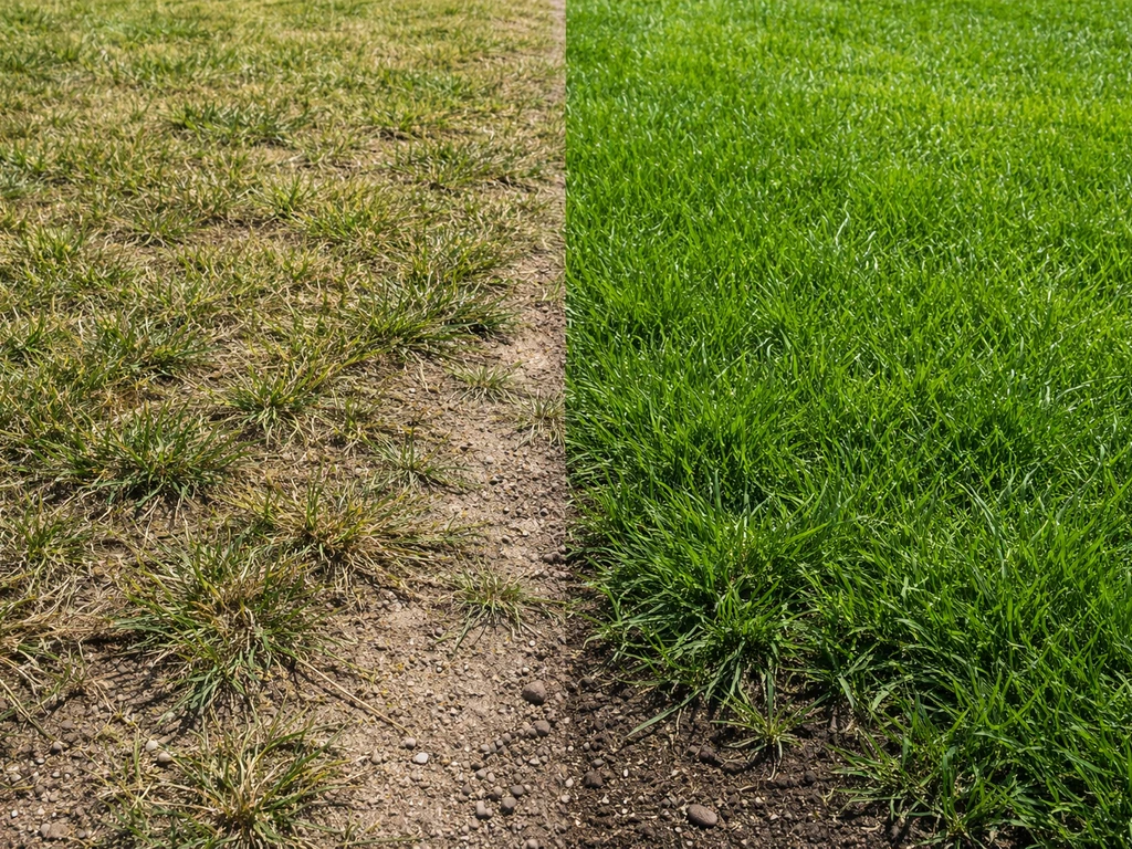 Links droog zandgazon met licht gras, rechts groener, vochtiger klei-/zavelgazon in één tuinstrook.