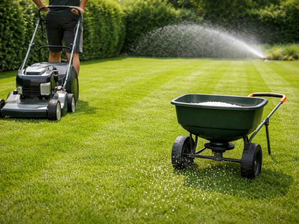 Tuinscène met een gazonmaaier op ingesteld maaihoogte, dicht bij een bemestingswagentje en beregeningsslang.